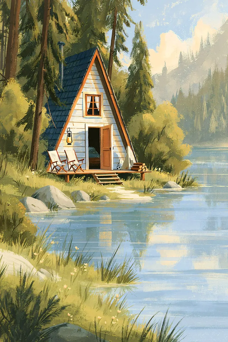 Eine A-Rahmen-Hütte am Ufer eines Sees, umgeben von hohen Nadelbäumen und Bergen im Hintergrund, im Malerei-Stil.