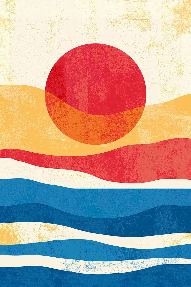 Abstrakte Illustration einer großen roten Sonne über blauen Wellen und gelben Hügeln im Boho-Stil.
