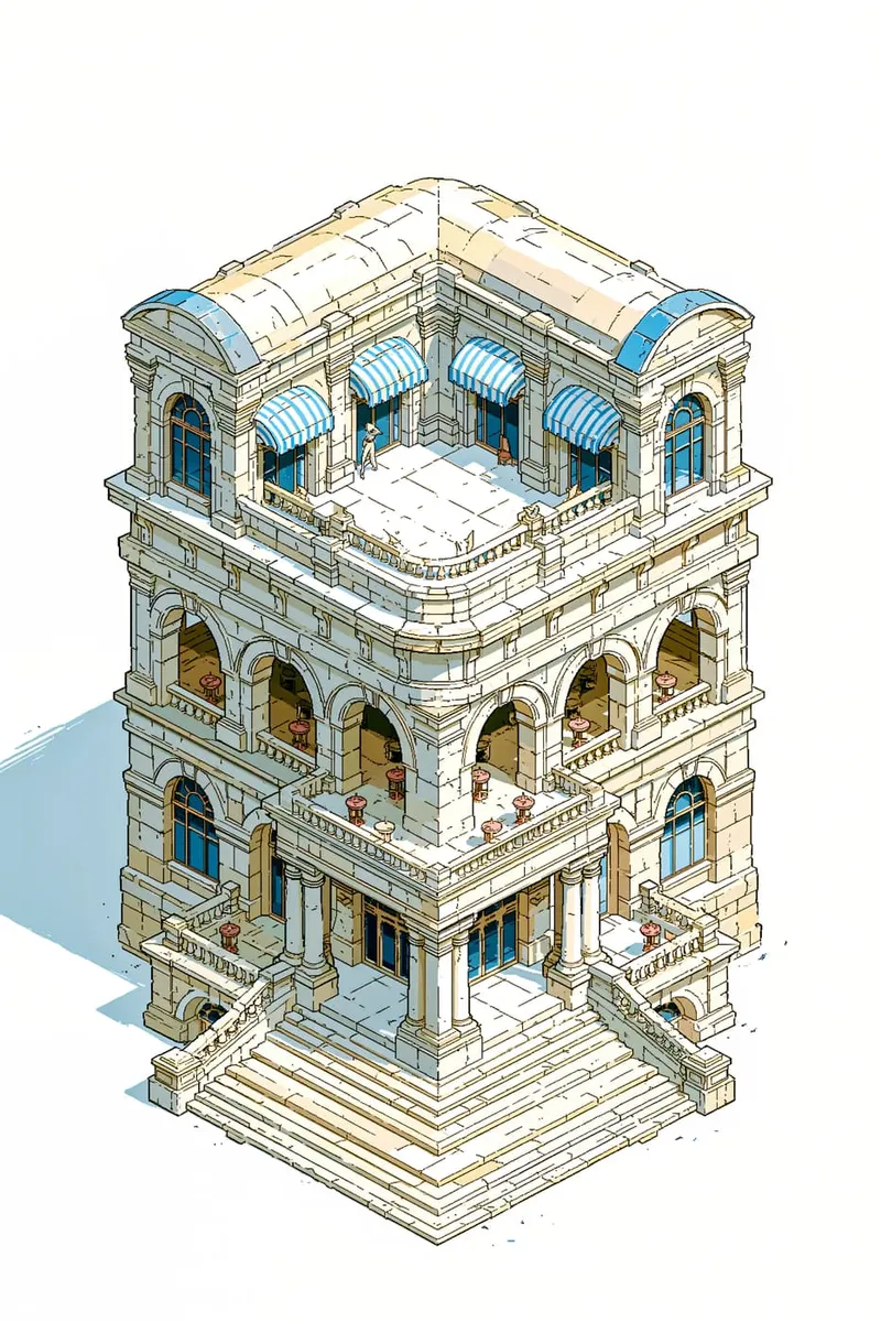 Isometrische Darstellung einer mehrstöckigen Villa im klassischen Stil mit Balkonen, Markisen und einer großen Treppe.