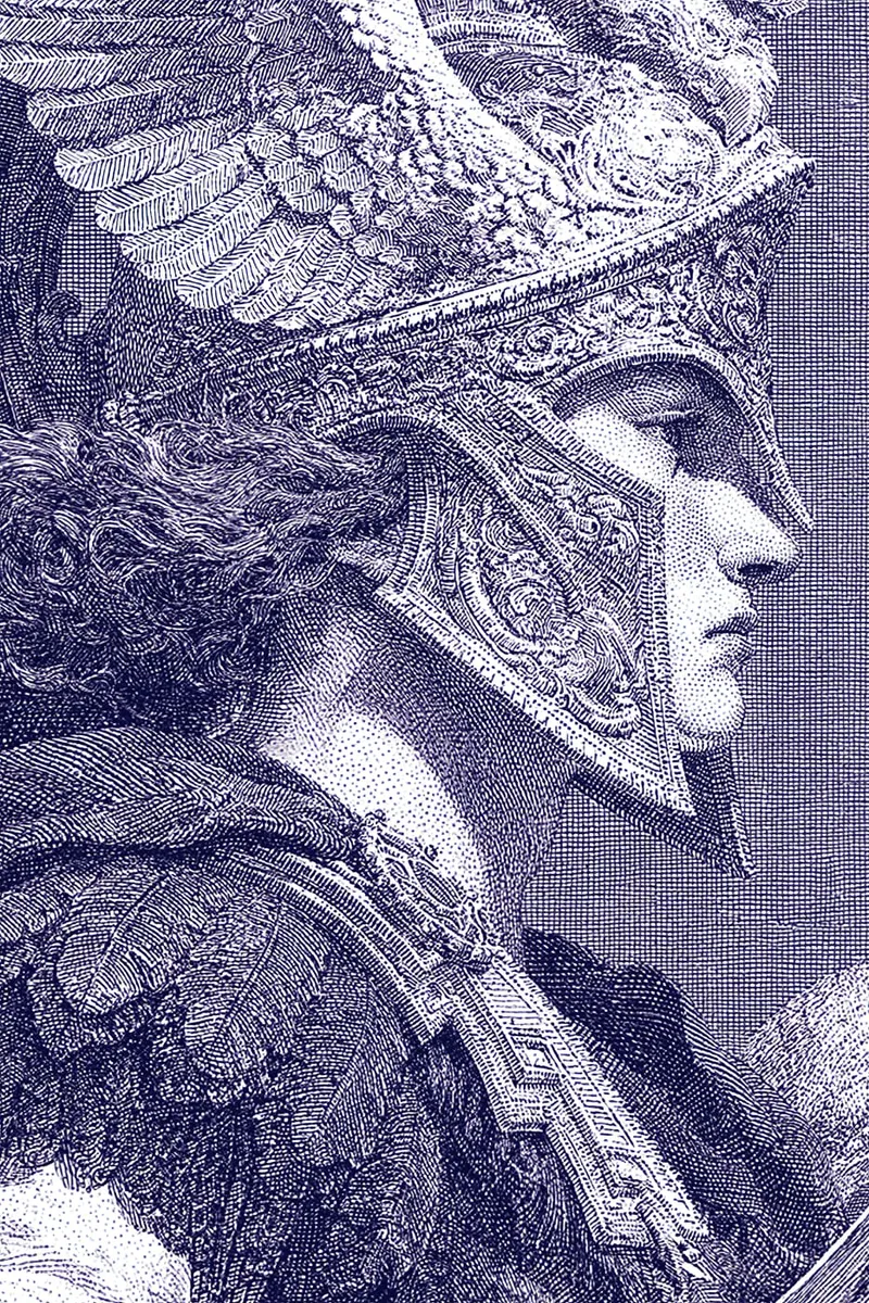 Profilansicht eines Kriegers mit aufwendigem Flügelhelm und Rüstung, im Stich-Stil in Dunkelblau und Weiß.
