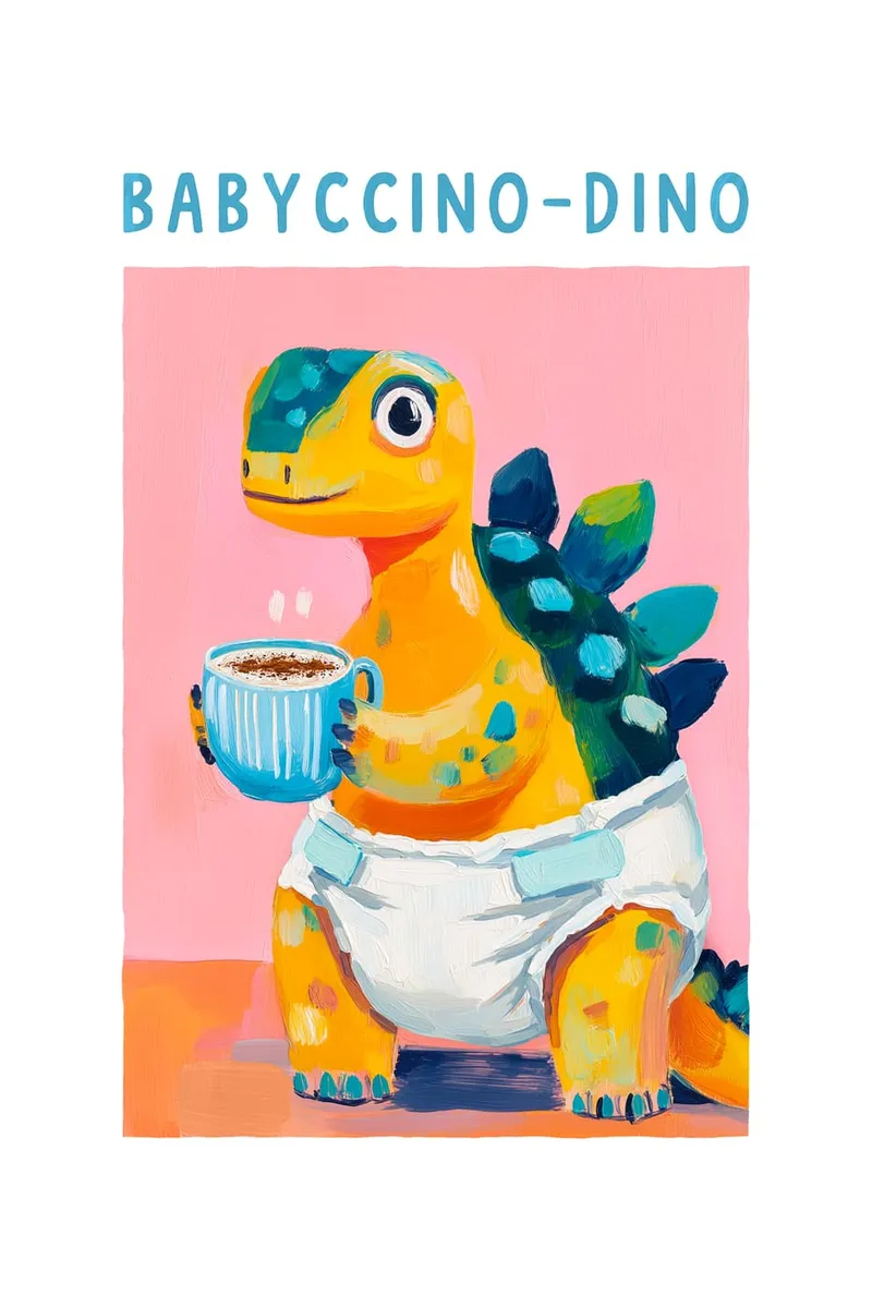 Buntes Poster eines kleinen, gelben Stegosaurus-Babys in Windel, das eine blaue Tasse mit Babyccino hält, im Acryl-Stil.