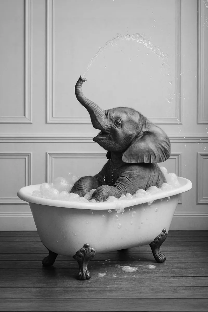 Schwarz-Weiß-Bild eines Babyelefanten, der in einer Badewanne planscht und Wasser mit dem Rüssel spritzt.