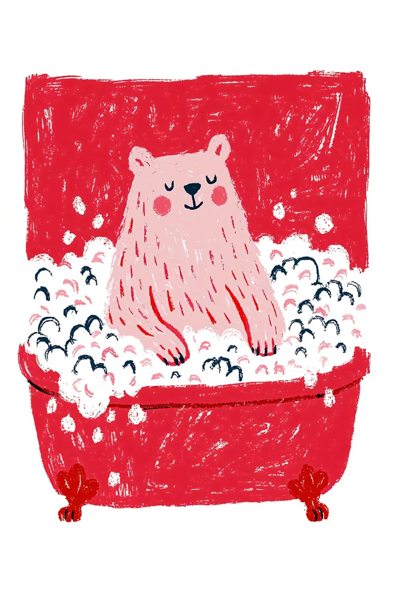 Ein rosa Bär sitzt in einer roten Badewanne voller Schaum, im Kreide-Stil gezeichnet.