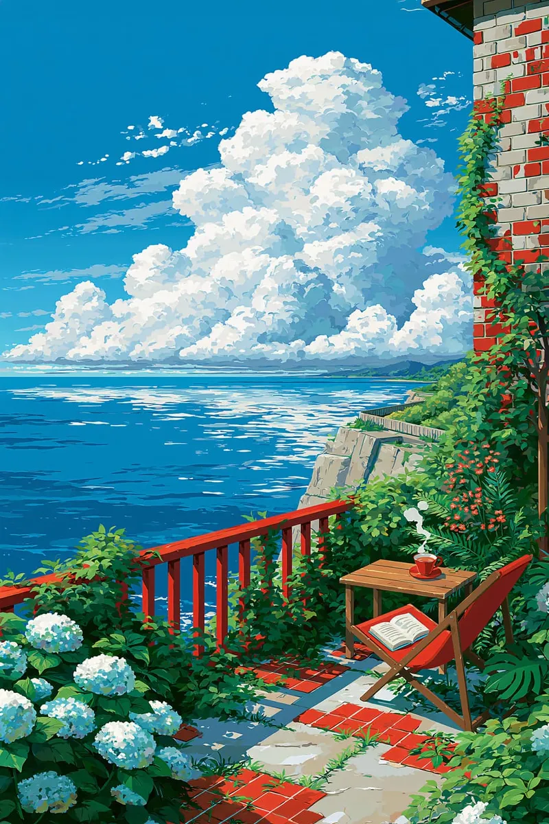 Ein Balkon mit rotem Geländer und Fliesen, Blick auf das weite Meer und einen blauen Himmel mit Wolken, im Illustrations-Stil.