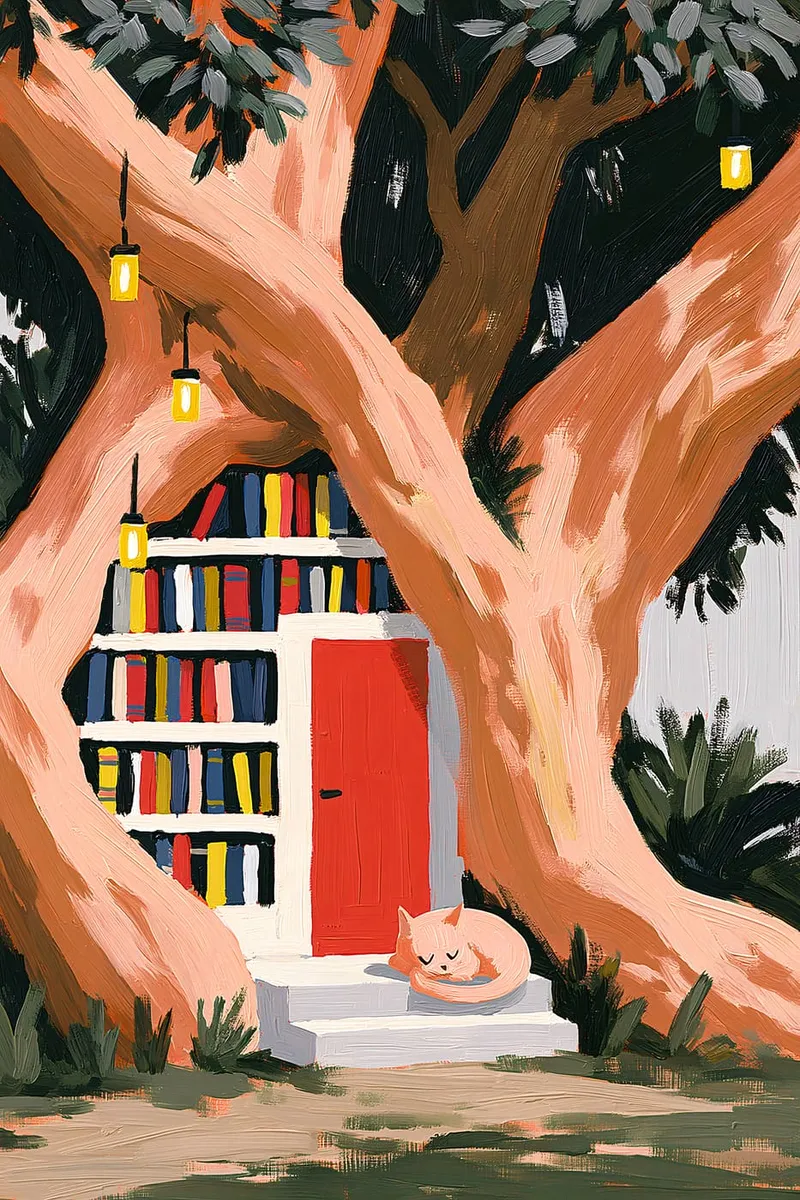 Ein Baumhaus im Stil einer Ölmalerei mit einer roten Tür, Bücherregalen und einer schlafenden Katze auf den Stufen.