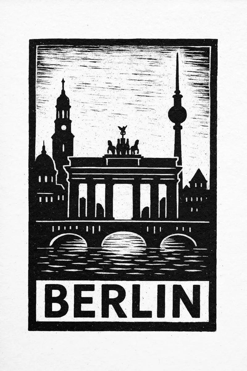 Schwarz-weißes Poster der Berliner Skyline im Linolschnitt-Look mit Brandenburger Tor, Fernsehturm und Fluss.
