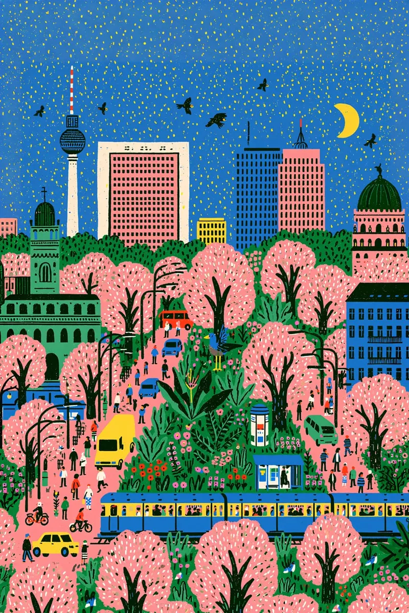 Illustrierte Stadtansicht von Berlin mit Fernsehturm, blühenden Kirschbäumen, Straßenbahn und Menschen im Stil einer Grafik