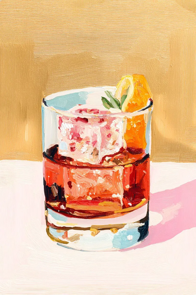 Ein Cocktail in einem Glas mit Orangenscheibe und Kräuterzweig, im Stil einer Ölmalerei mit sichtbaren Pinselstrichen.