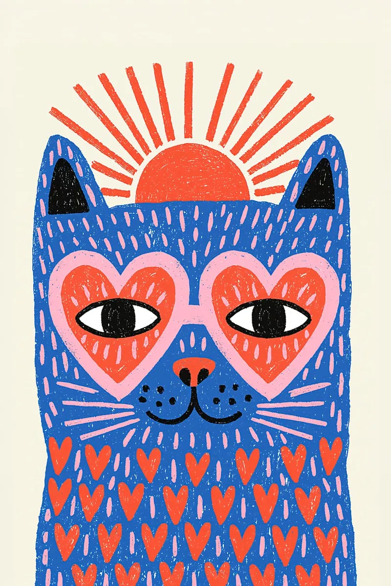 Illustration einer blauen Katze mit herzförmiger Brille und Sonnenmotiv im Hintergrund, im modernen Grafik-Stil.