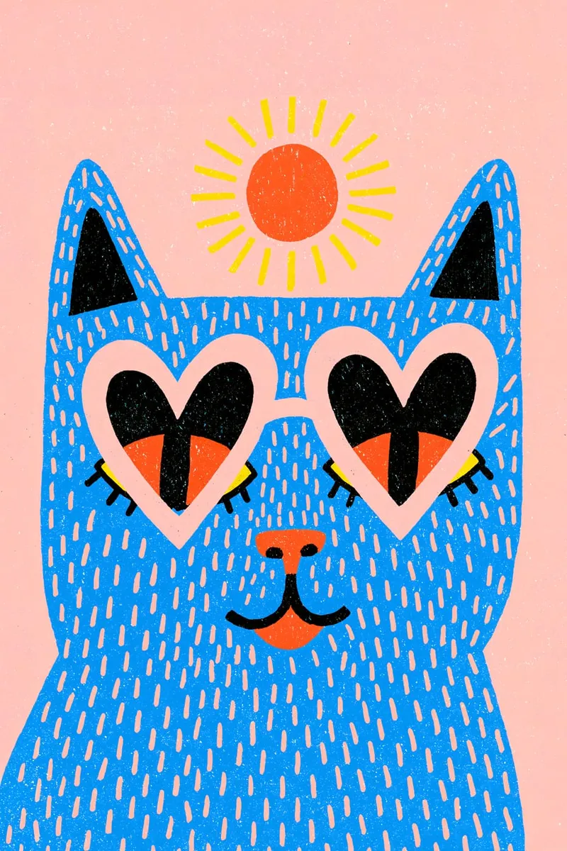 Illustration einer blauen Katze mit herzförmiger Sonnenbrille vor einer Sonne, im modernen, grafischen Stil.