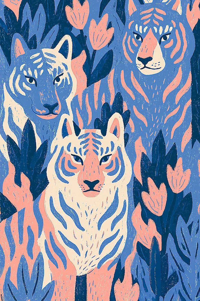 Drei illustrierte Tiger in Blau und Rosa umgeben von stilisierten Blumen und Blättern, moderner Grafik-Stil.