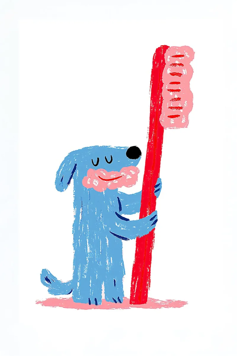 Ein blauer Hund mit schwarzer Nase hält eine große rote Zahnbürste mit rosa Zahnpasta im Kreide-Stil.