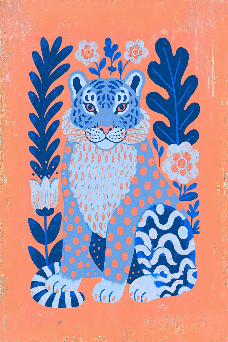 Stilisierter blauer Leopard mit floralen Elementen auf lachsfarbenem Hintergrund, Folk-Art-Stil.