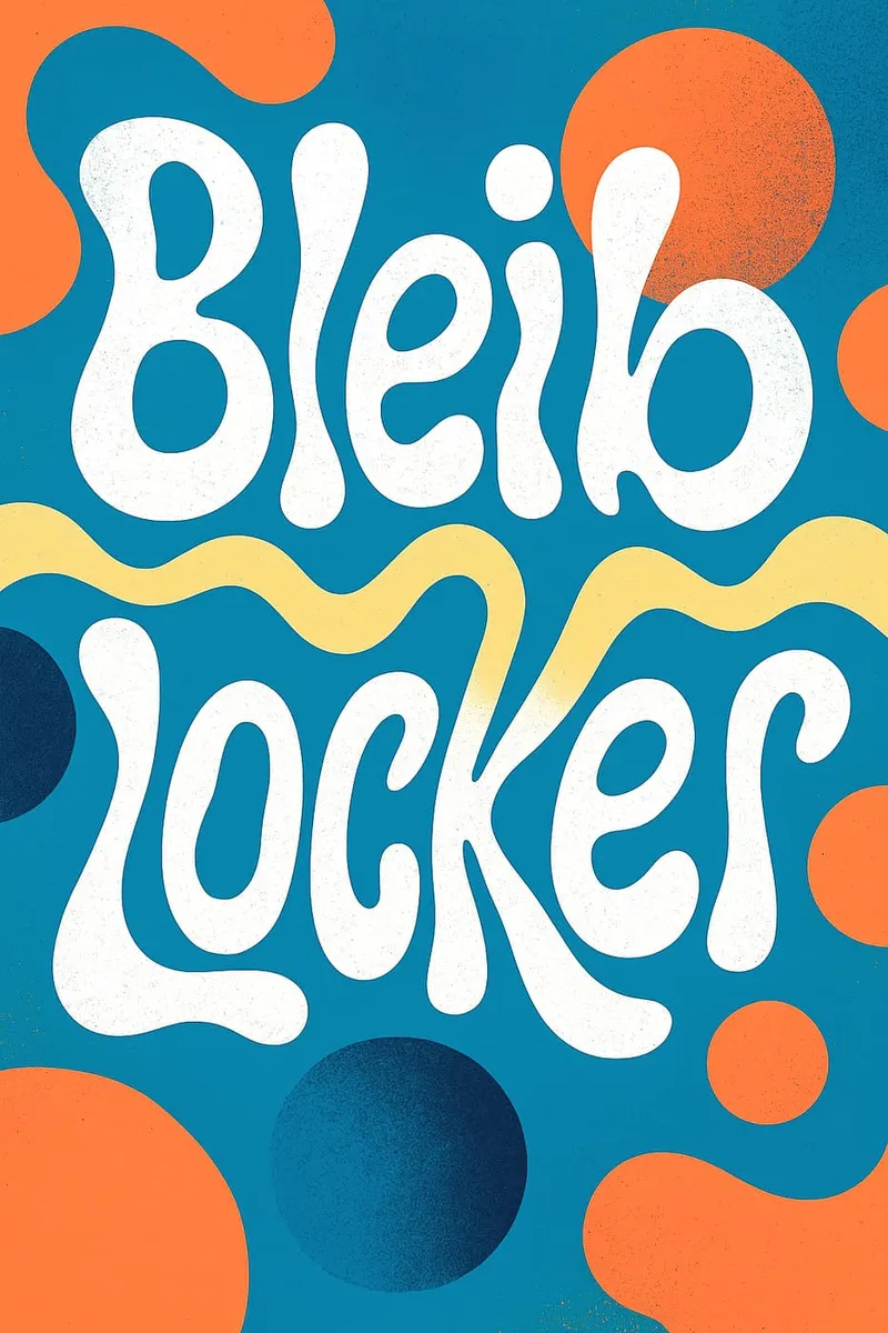 Poster mit dem Spruch 'Bleib locker' in weißer, geschwungener Schrift auf blauem Hintergrund mit orangefarbenen und gelben Retro-Formen.