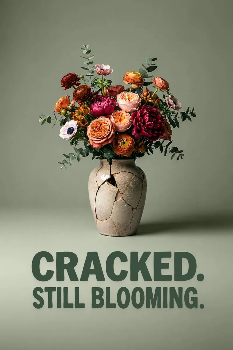 Ein Blumenbouquet in einer gesprungenen Vase mit dem Text "Cracked. Still Blooming." auf grünem Hintergrund.