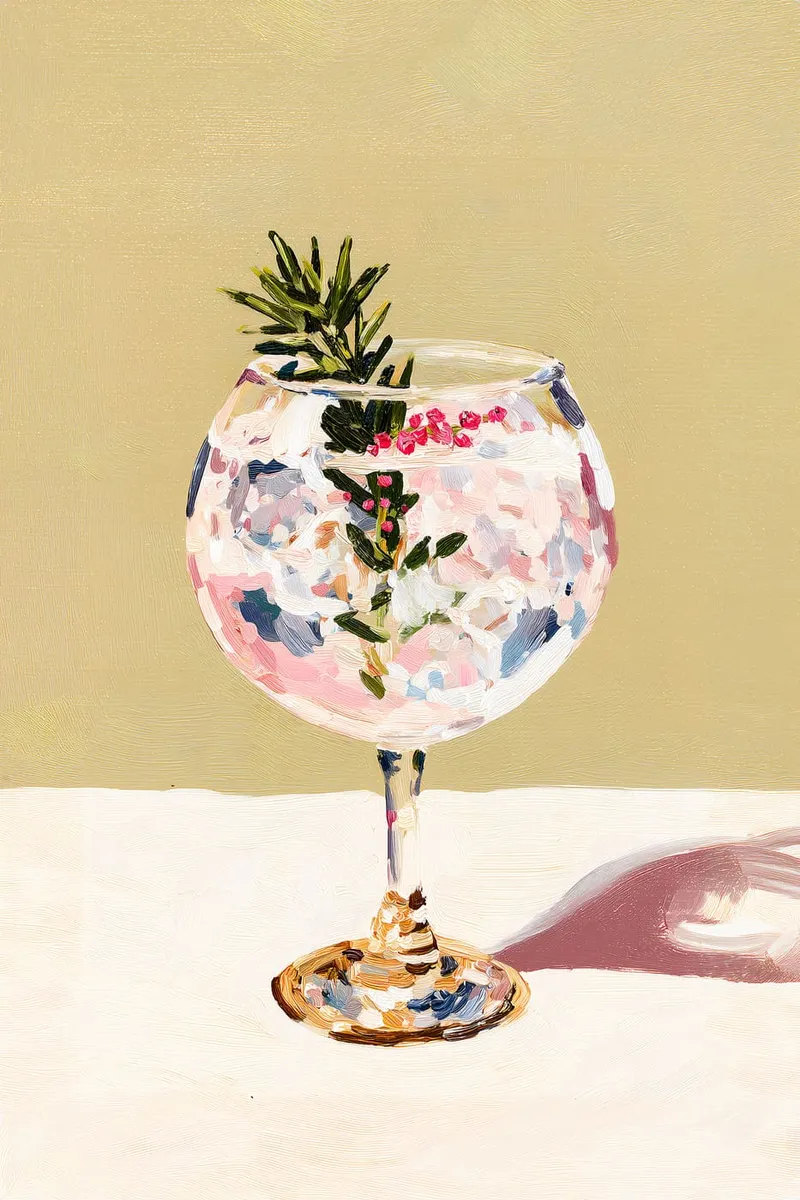 Stillleben eines Cocktailglases mit Rosmarin und roten Beeren, im Stil einer Ölmalerei mit sichtbaren Pinselstrichen auf beigem Hintergrund.