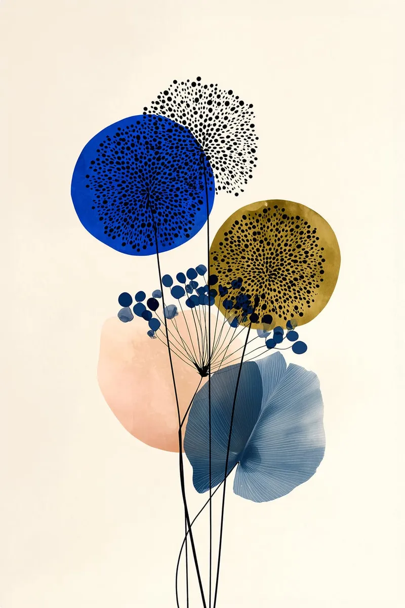 Abstraktes Wandbild mit stilisierten botanischen Elementen in Blau, Gold und Schwarz auf hellem Hintergrund.