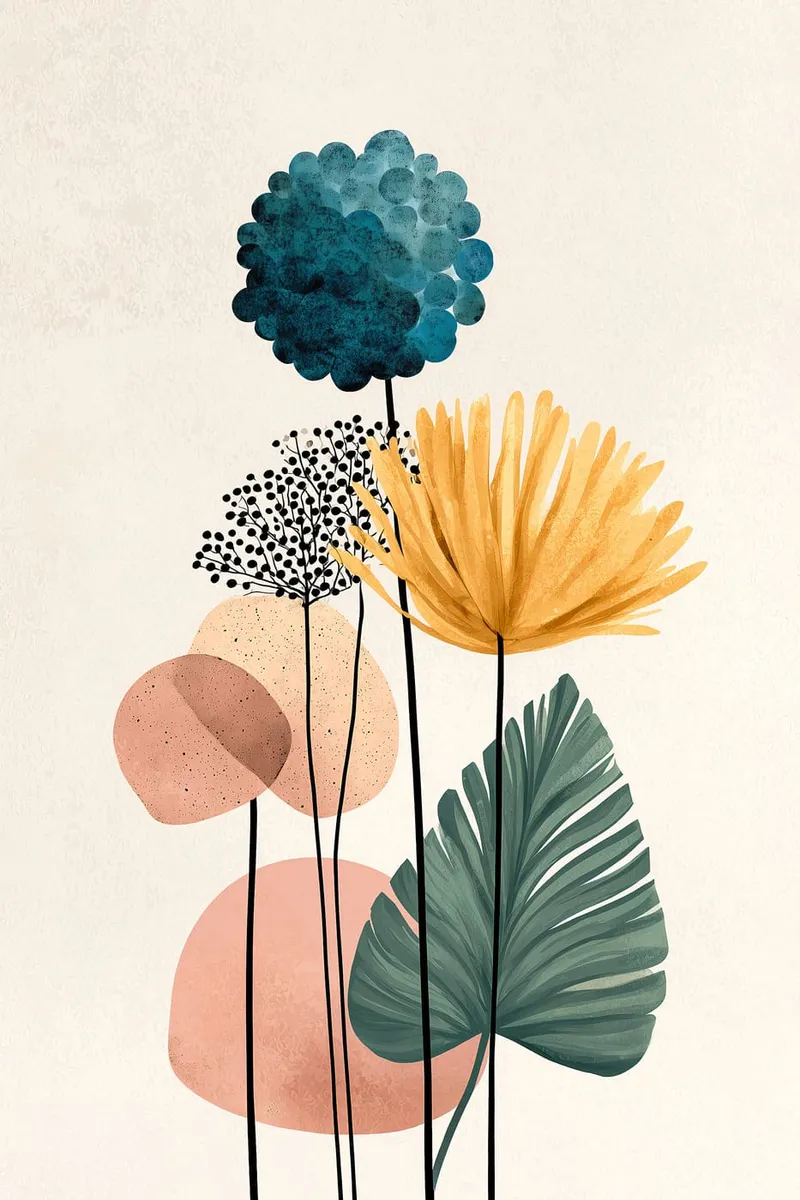 Abstraktes Poster mit stilisierten Blumen und Blättern in Petrol, Senfgelb, Terrakotta und Rosé auf hellem Hintergrund.