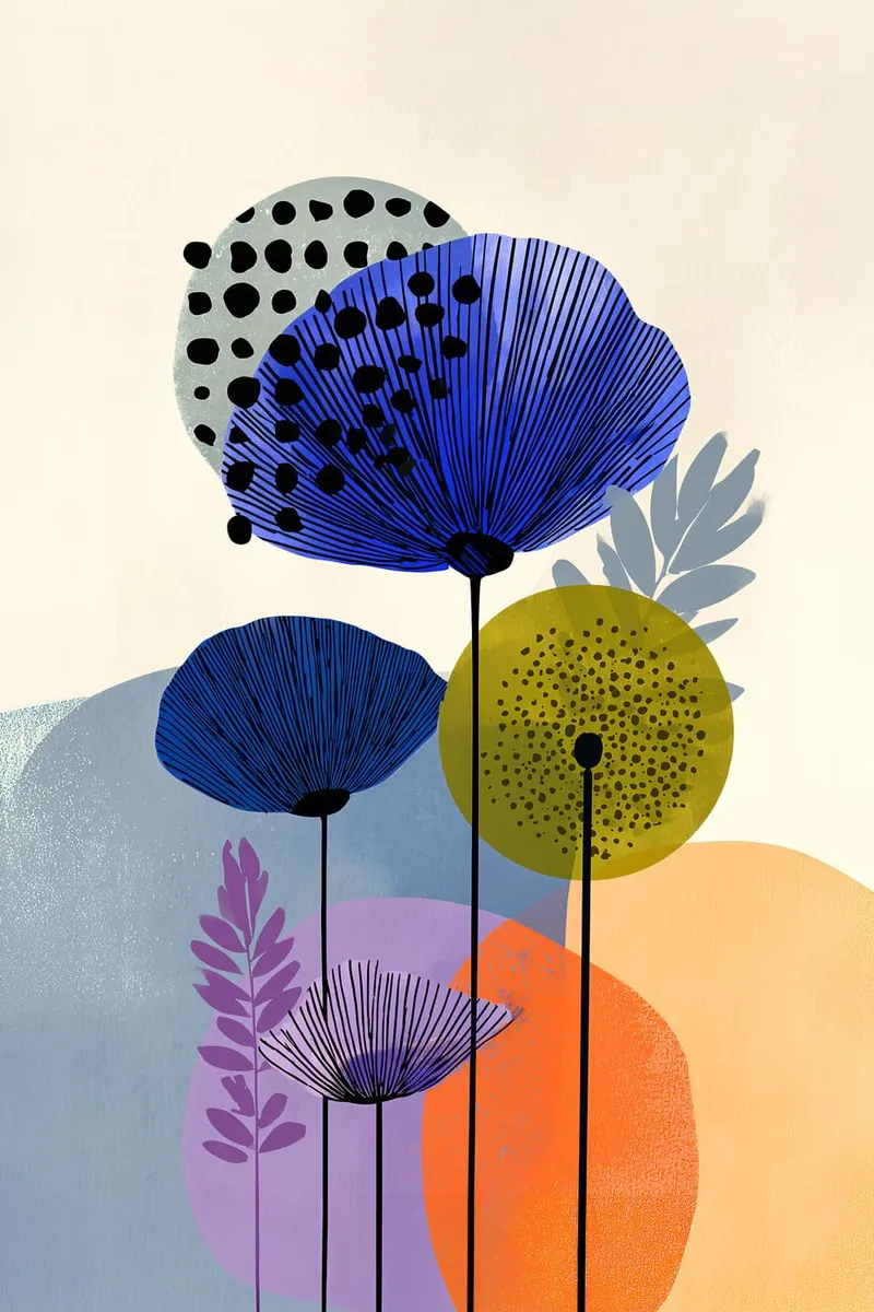 Abstraktes Blumenposter mit stilisierten Blüten in Blau, Orange, Grün und Lila auf hellem Hintergrund, moderner Stil.
