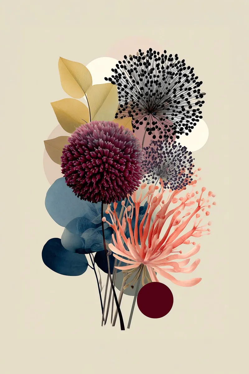 Abstraktes botanisches Poster mit stilisierten Blüten in Dunkelrot, Schwarz, Blau und Gold auf hellem Hintergrund.