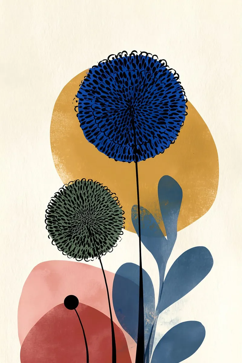 Abstraktes botanisches Poster mit stilisierten blauen und grünen Blüten, umrahmt von organischen Formen in Gelb und Rot auf hellem Hintergrund.