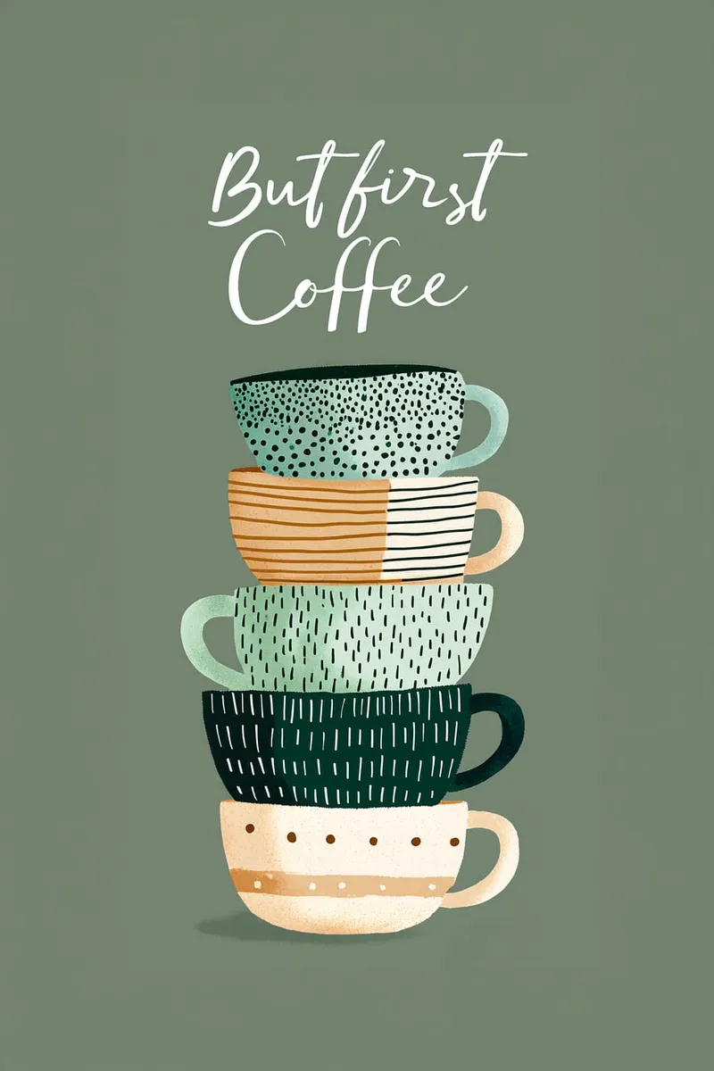 Stapel von fünf bunten Kaffeetassen mit verschiedenen Mustern und dem weißen Schriftzug "But first Coffee" auf grünem Hintergrund.