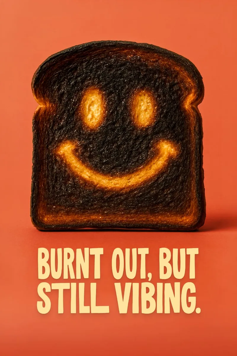 Verbrannte Toastscheibe mit leuchtendem Smiley-Gesicht und dem Spruch 'Burnt Out, but still vibing' auf orangefarbenem Hintergrund.