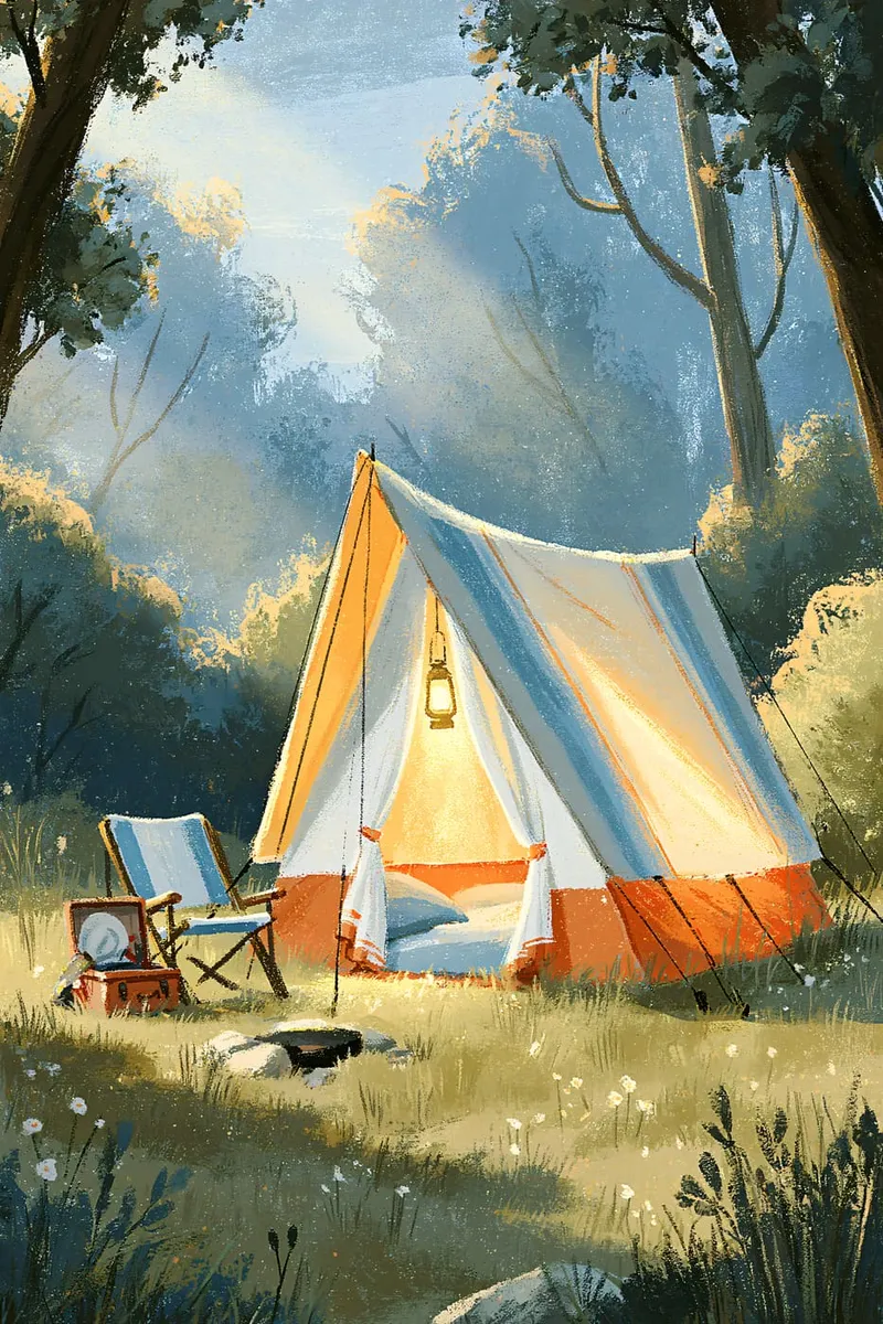 Ein orange-blaues Campingzelt steht in einem Waldstück mit einer Laterne im Inneren, im Malerei-Stil.