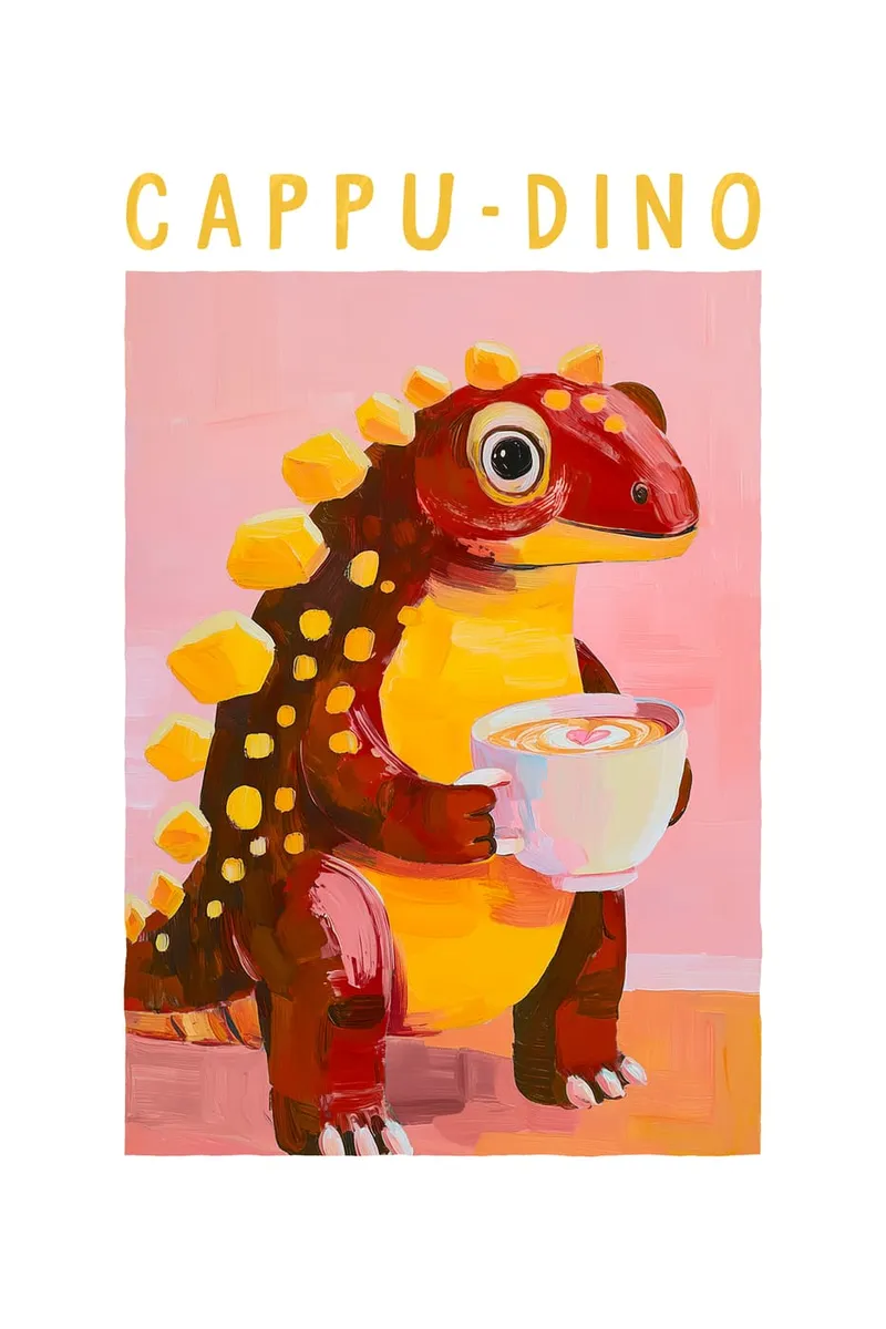 Illustration eines braunen Dinosauriers mit gelben Platten, der eine Tasse Kaffee mit Herz-Latte Art vor pinkem Hintergrund hält.