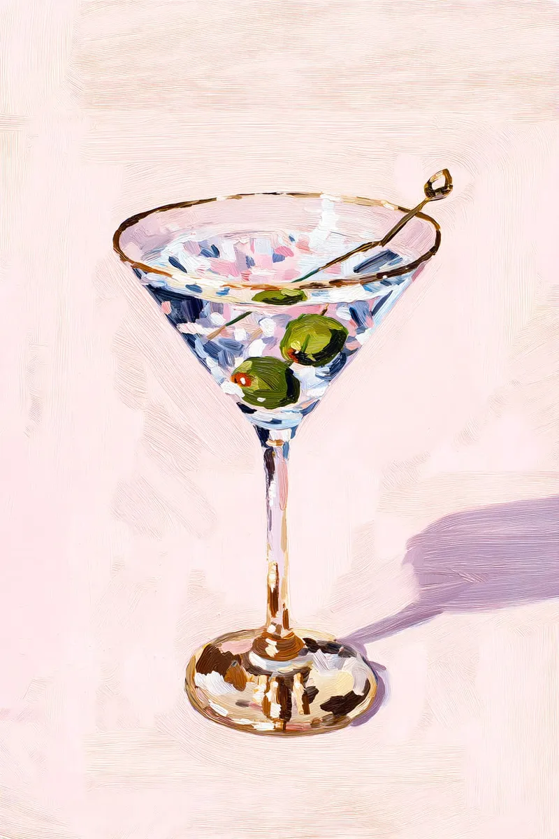 Ein Dirty Martini Cocktail im Martini-Glas mit drei Oliven am Spieß, dargestellt im Stil eines Ölgemäldes auf rosa Hintergrund.