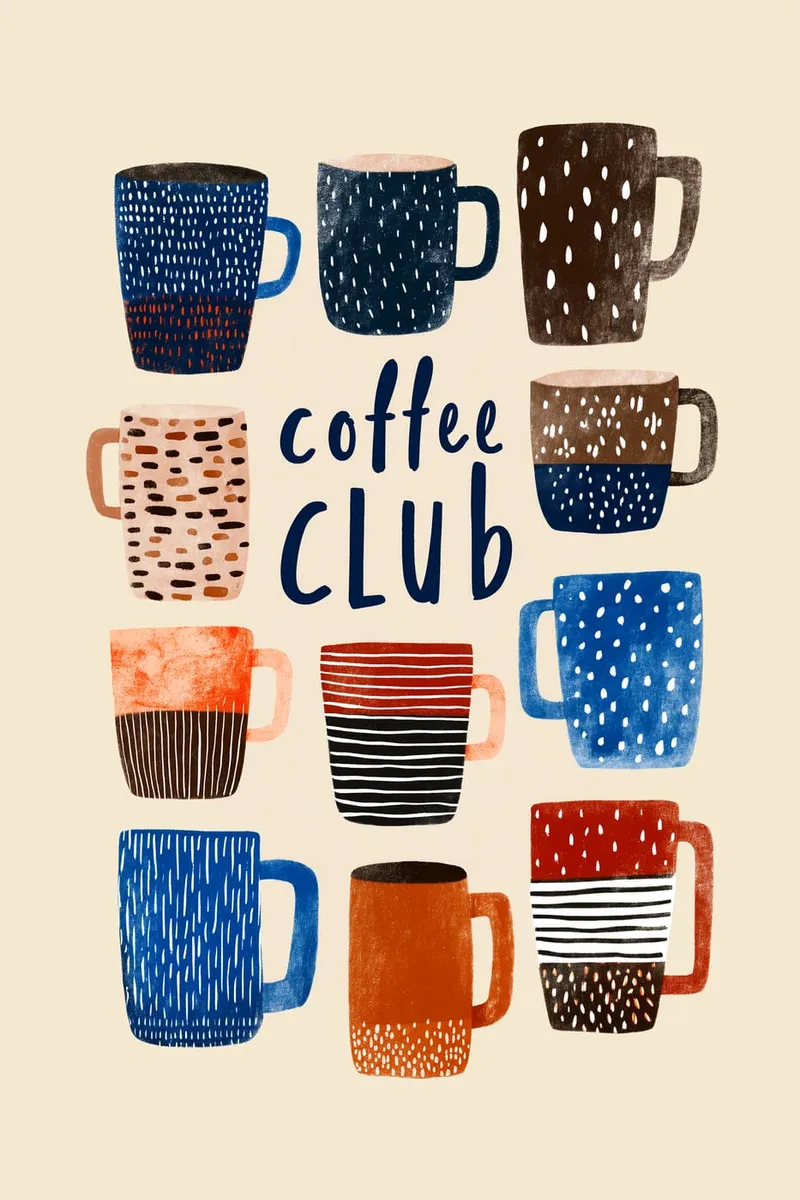 Illustration von neun bunten Kaffeetassen mit verschiedenen Mustern und dem Schriftzug 'coffee CLUB' auf beigem Hintergrund.