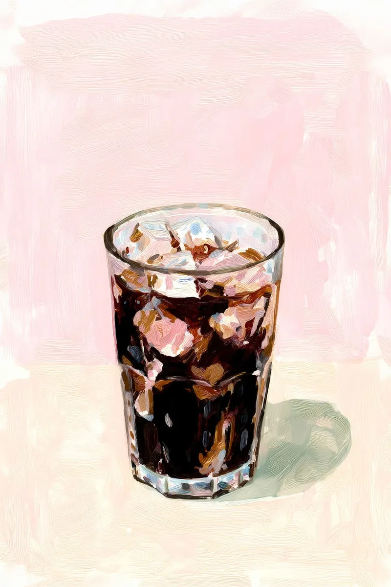 Illustration eines Glases Cold Brew Eiskaffee mit Eiswürfeln im Stil eines Ölgemäldes auf rosa Hintergrund.