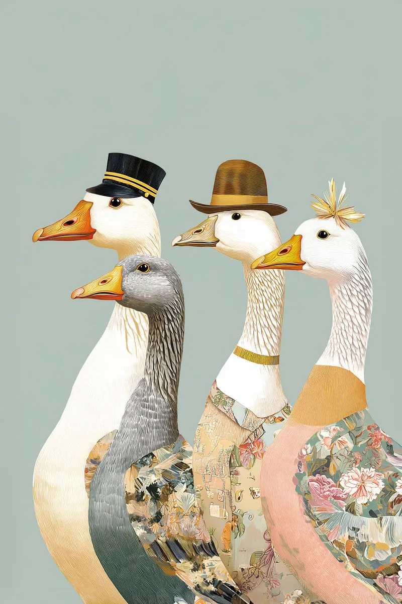 Vier Gänse in stilvollen Retro-Outfits und Hüten vor salbeigrüner Wand, im Stil einer feinen Illustration.