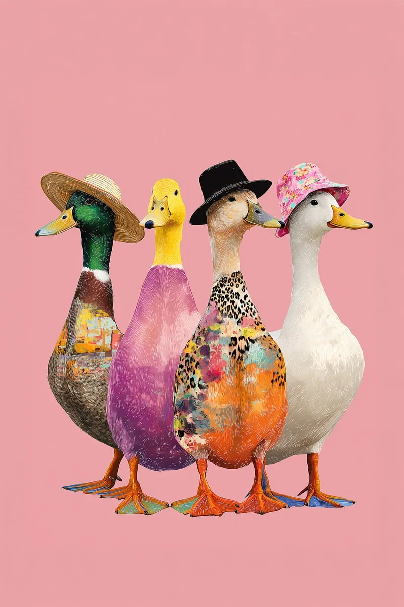 Vier bunte Enten in verschiedenen Hüten und gemusterten Körpern stehen vor einem rosa Hintergrund im Pop Art Stil.