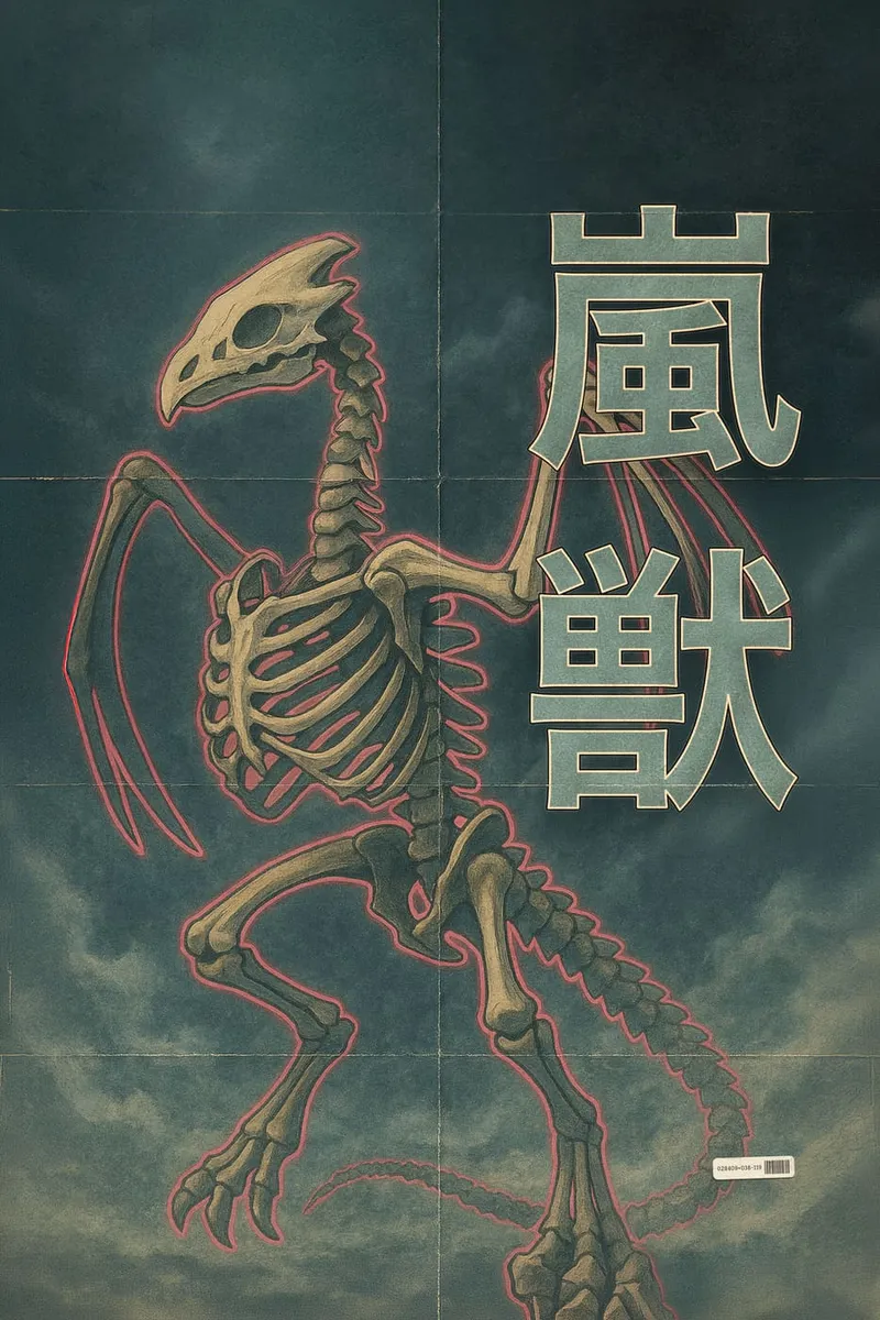 Illustration eines Dinosaurier-Skeletts mit rotem Neon-Glow und japanischen Schriftzeichen im Vintage-Stil