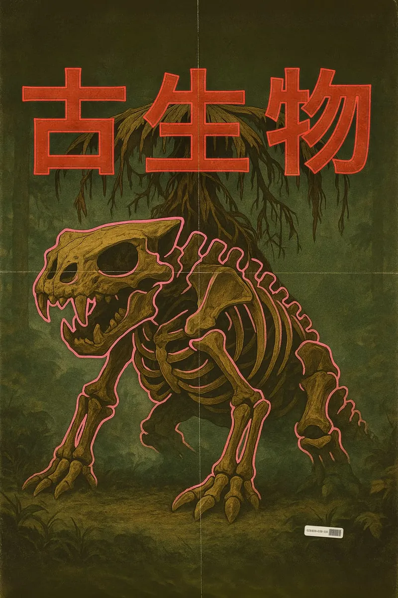 Dinosaurier-Skelett mit pinken Neon-Konturen vor grünem Wald und roten japanischen Schriftzeichen im Vintage-Stil.