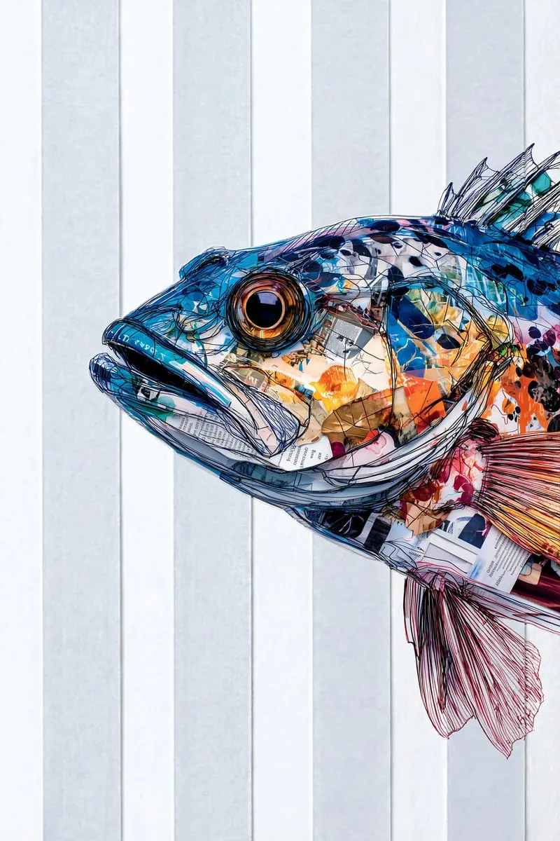 Nahaufnahme eines bunten Dorsch-Fisches im abstrakten Collage-Stil mit schwarzen Umrissen vor gestreiftem Hintergrund.