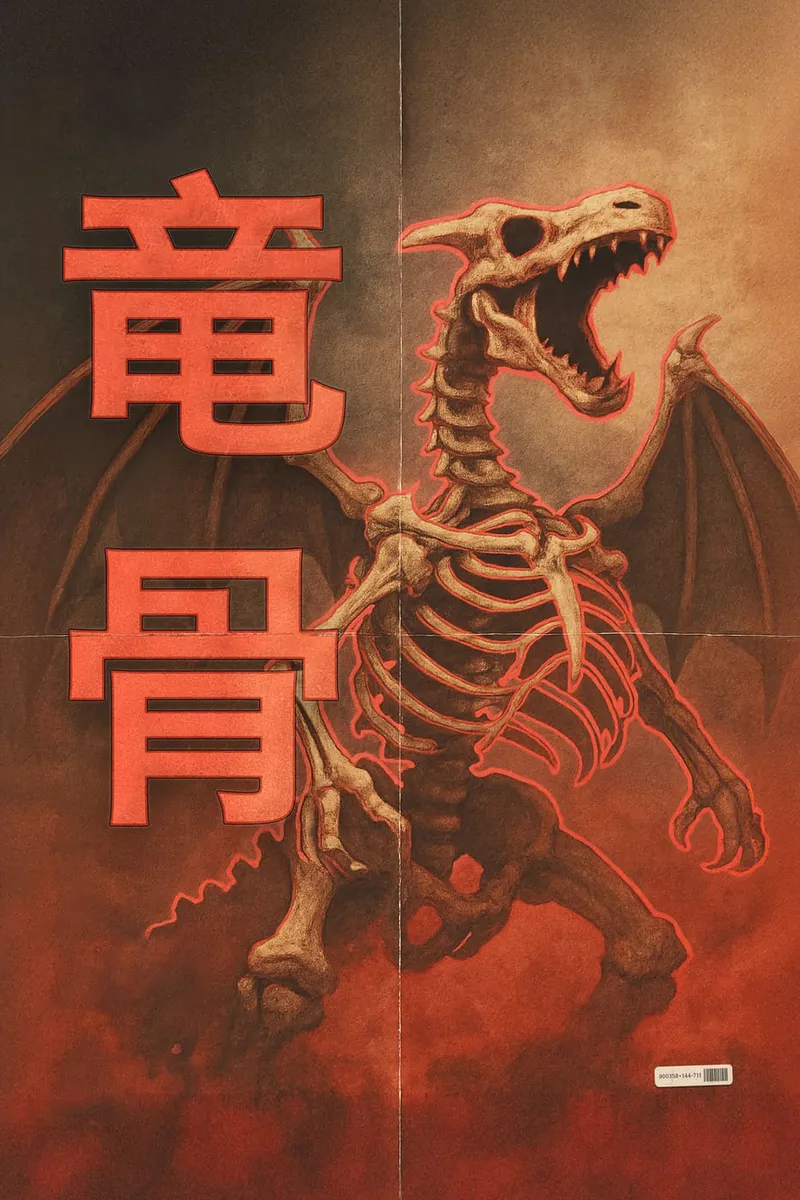 Ein Drachenskelett im Vintage-Stil mit leuchtend roten japanischen Schriftzeichen vor einem düsteren Hintergrund.