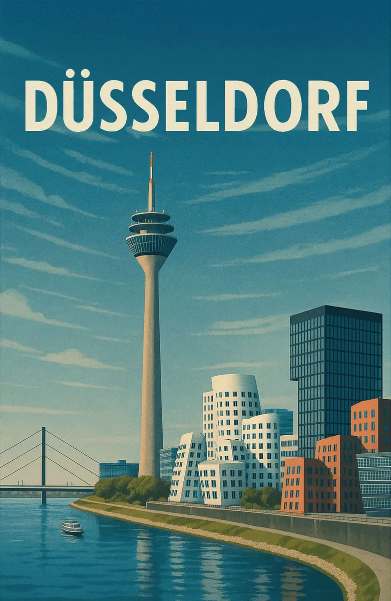 Düsseldorf Skyline Poster mit Rheinturm, Gehry Bauten am Medienhafen und Rhein in einem Retro-Stil.
