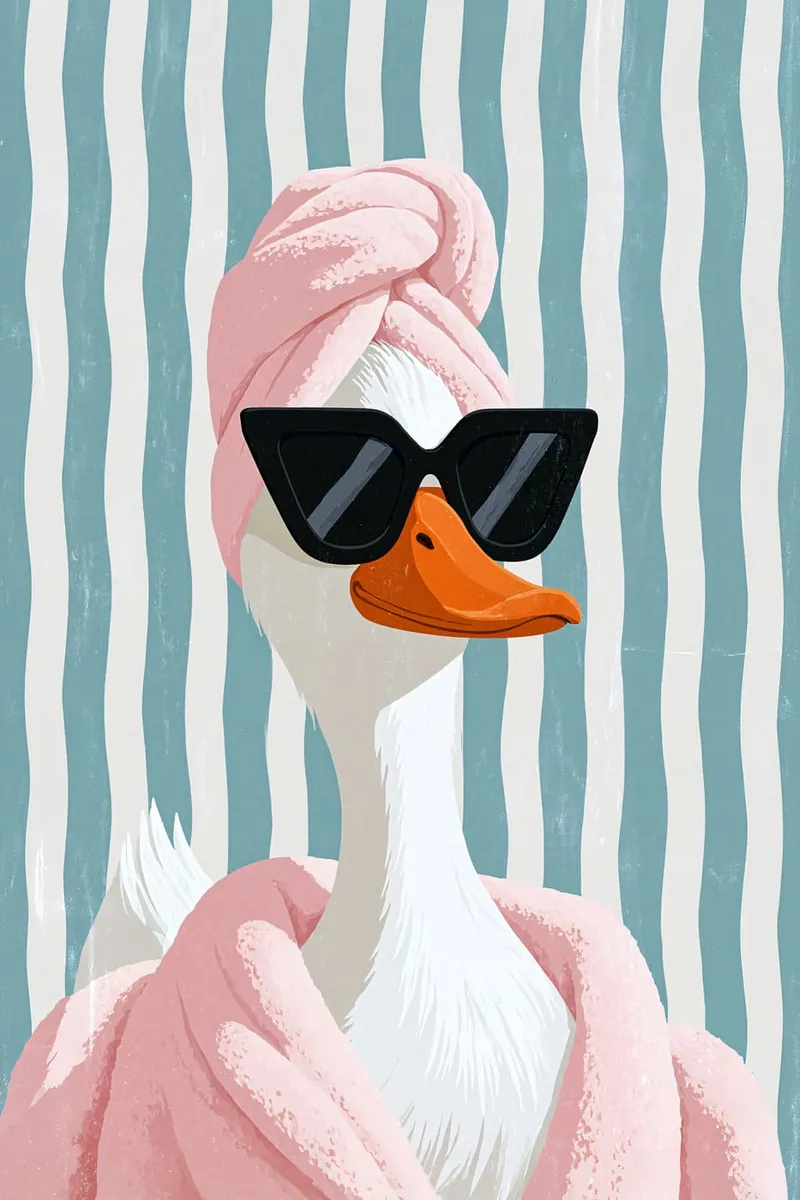 Weiße Ente mit rosa Handtuch-Turban, schwarzer Sonnenbrille und Bademantel vor blau-weiß gestreiftem Hintergrund.
