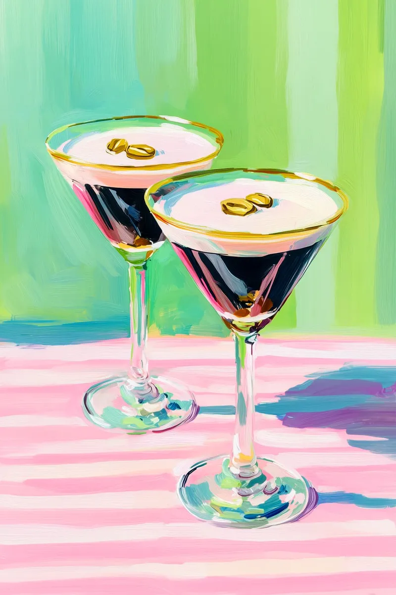 Zwei Espresso Martinis mit Kaffeebohnen, im Stil einer Ölmalerei mit pink gestreiftem Tisch und grünem Hintergrund.
