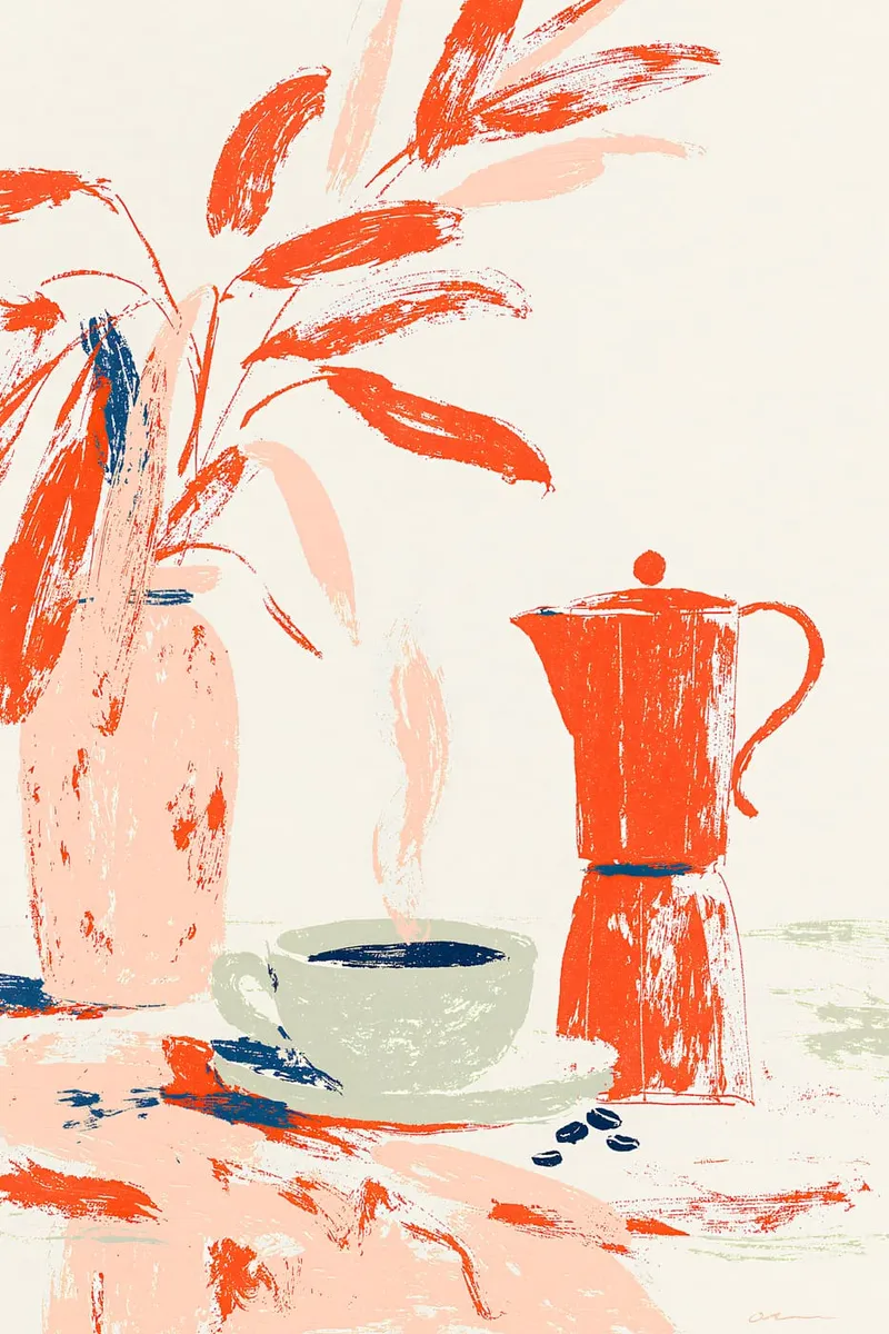 Stillleben im Malerei-Stil mit oranger Espressokanne, dampfender Kaffeetasse und einer Vase mit Blättern.