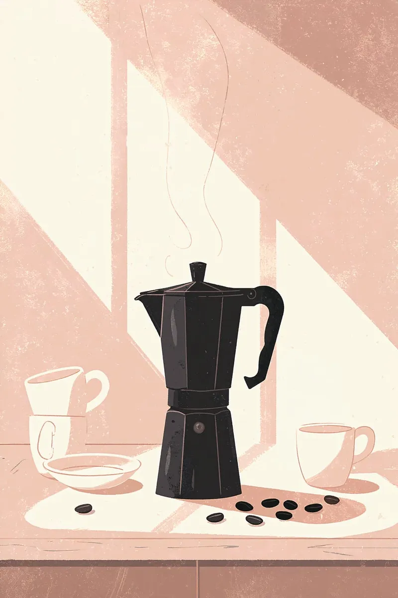 Schwarzer Espressokocher, weiße Tassen und Kaffeebohnen auf einem Tisch vor einem Fenster, minimalistischer Stil.