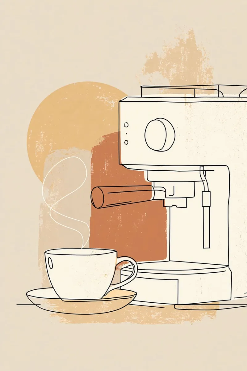 Line-Art Illustration einer Espressomaschine und einer dampfenden Kaffeetasse vor abstrakten beigen Formen.