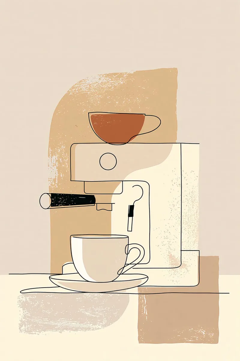 Stilisierte Espressomaschine mit Tassen im minimalistischen Line-Art-Stil auf beigen, abstrakten Farbflächen.