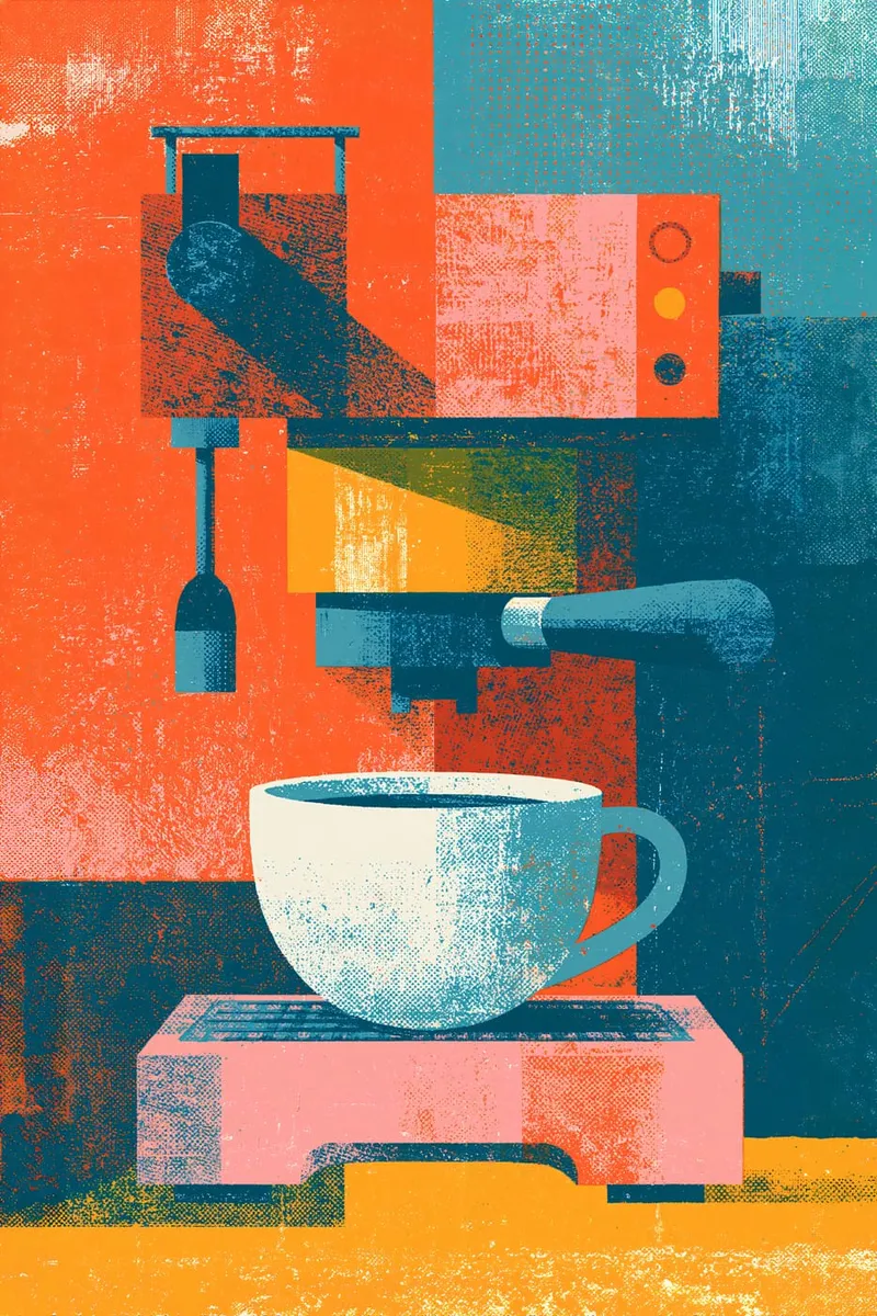 Stilisierte Espressomaschine mit Kaffeetasse in buntem Retro-Design und Linolschnitt-Optik.