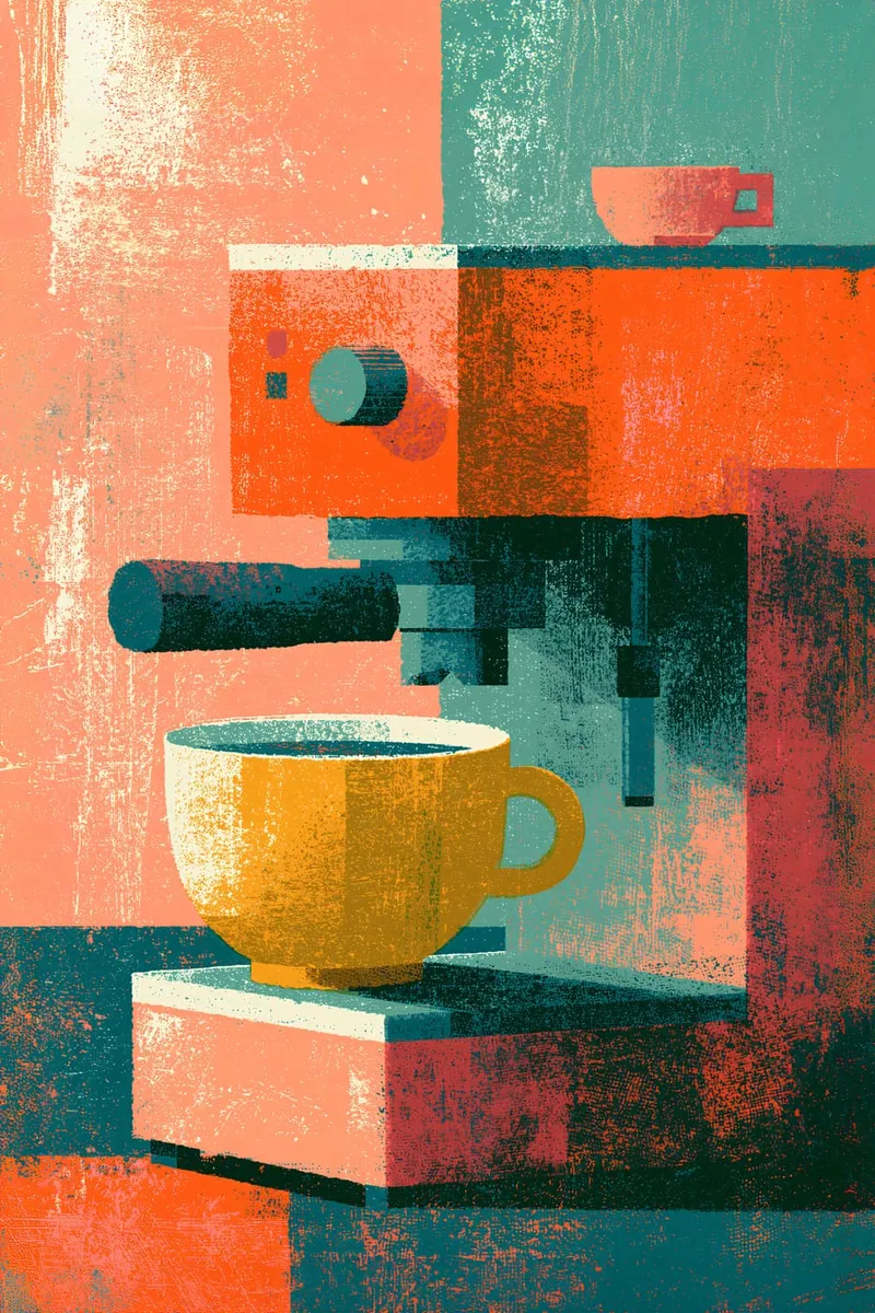 Grafische Espressomaschine in Orange und Blau mit gelber Kaffeetasse, retro Siebträger Motiv im Linolschnitt-Stil.