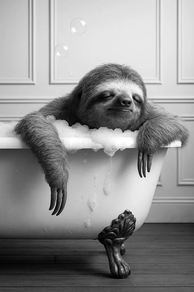 Schwarz-weißes Bild eines Faultiers, das entspannt in einer Badewanne voller Schaum liegt und die Augen geschlossen hat.