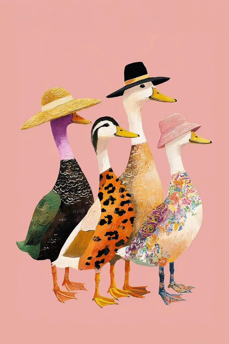 Vier Enten in bunten, gemusterten Outfits und verschiedenen Hüten vor einem rosafarbenen Hintergrund, im Stil von Spachtelmalerei.