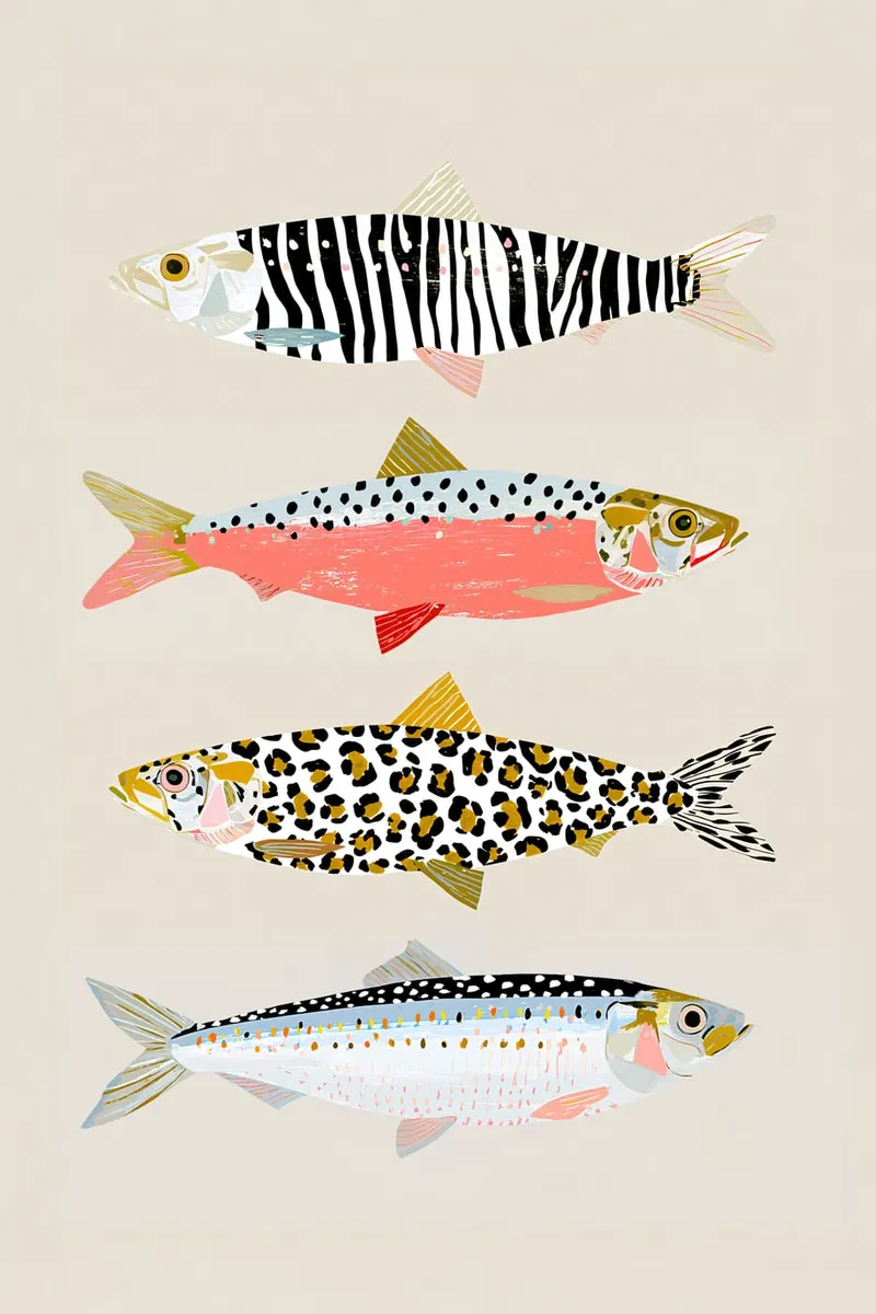 Vier stilisierte Fische untereinander angeordnet, mit Zebra-, Leoparden- und Punktmustern im illustrativen Stil.